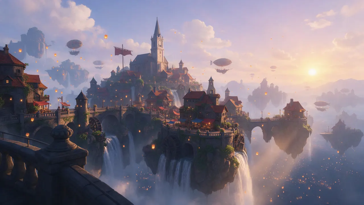 Game concept art: Floating island village at golden hour