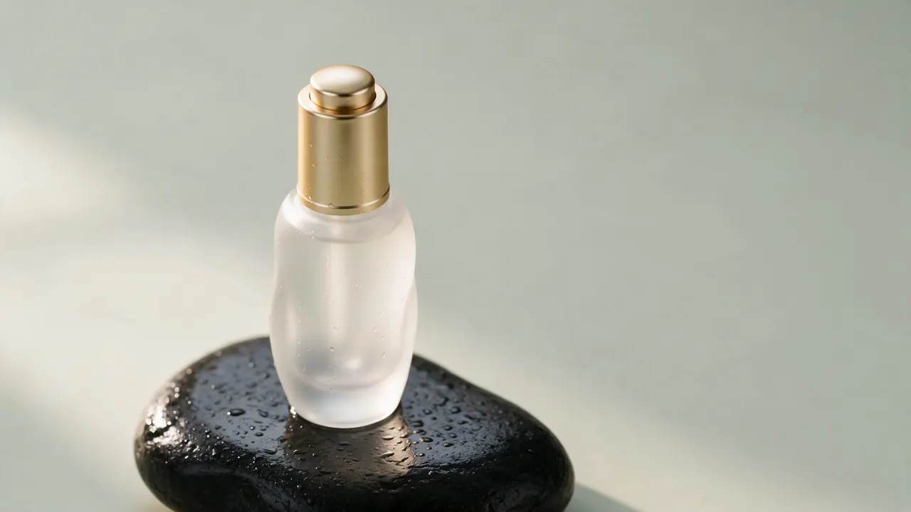 Banner product shot: Frosted bottle on wet stone, room left for copy