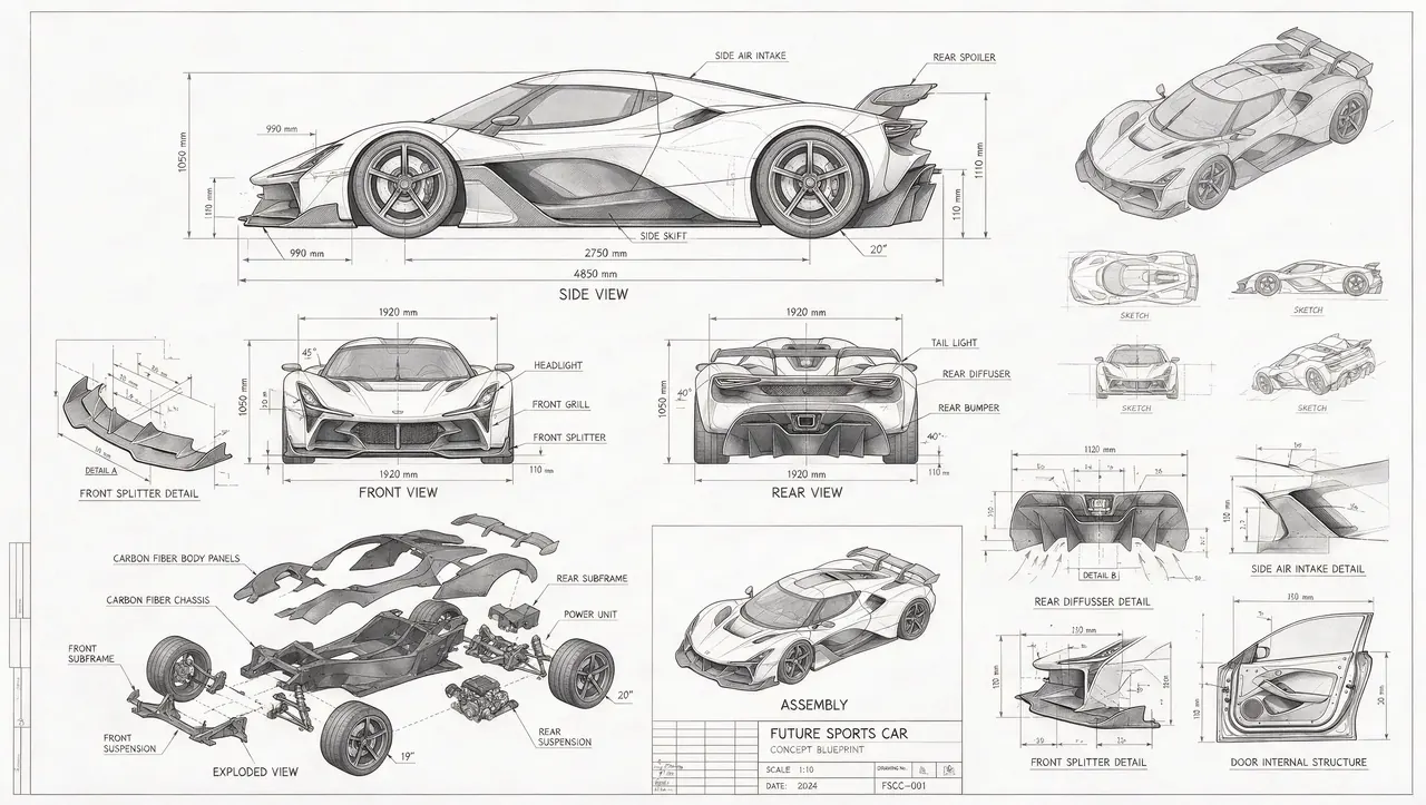 Concept car blueprint: Multi-view technical sheet with exploded parts