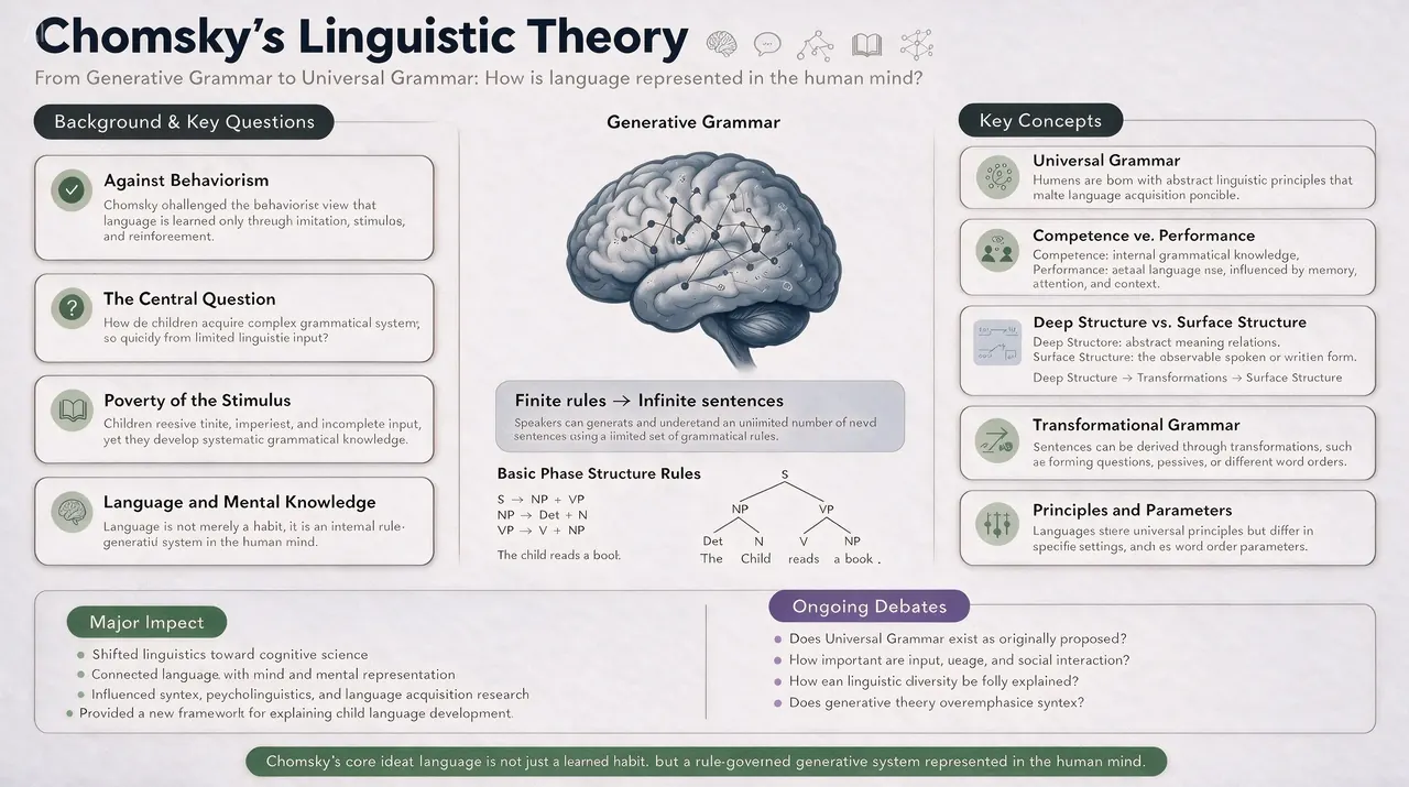 Seedream 5.0 Pro infographic explaining Chomsky’s linguistic theory with labelled panels