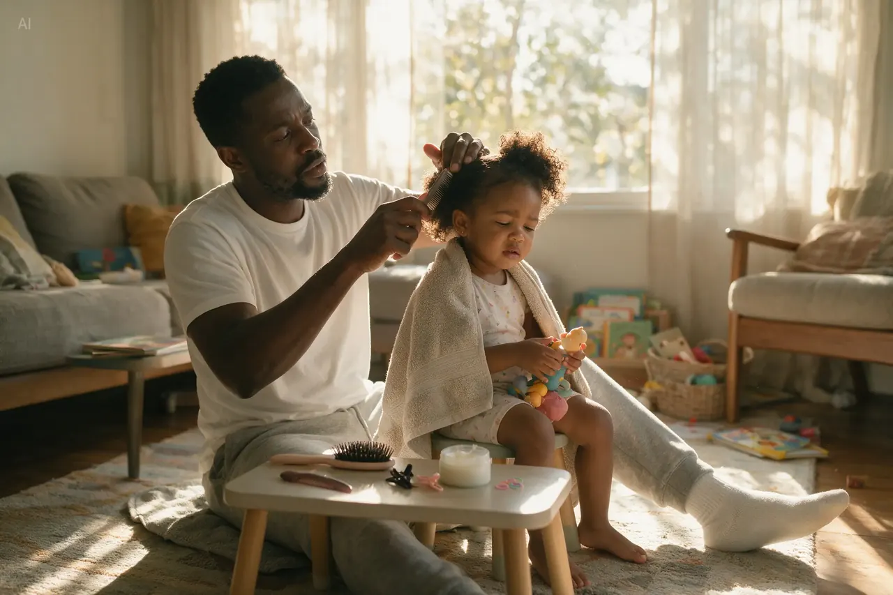 Father braiding his daughter’s hair in warm window light, by Seedream 5.0 Pro
