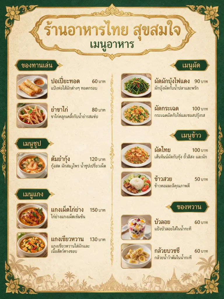 Thai restaurant menu: Thai script, prices and dish photos on one page